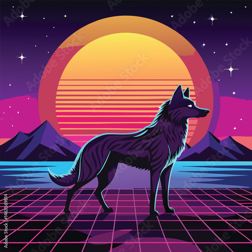 Cyberpunk Wolf Art – Neon Retro Futuristic Animal Design in Synthwave Style