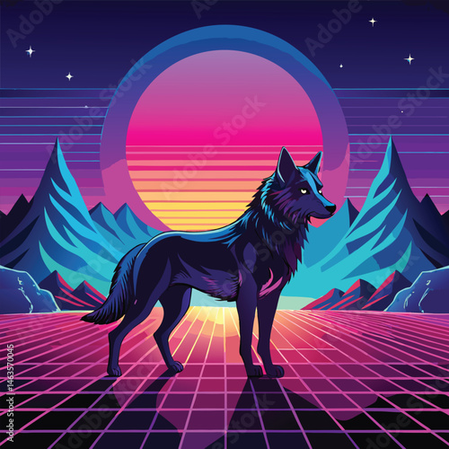 Cyberpunk Wolf Art – Neon Retro Futuristic Animal Design in Synthwave Style