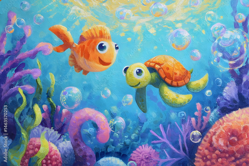 Fototapeta premium Colorful underwater scene of a fish and turtle amidst bubbles and coral.