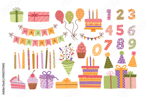 Flat delicate pastel happy birthday elements set. Clapper, candles, cake, balloons, gift boxes, numbers collection. Vector illustrations isolated on white background for greeting cards, scrapbooking.