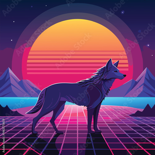 Cyberpunk Wolf Art – Neon Retro Futuristic Animal Design in Synthwave Style