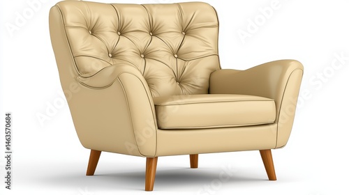 Beige tufted armchair with wooden legs on white background. The chair is shown in a three quarter view, highlighting its texture and design details. 