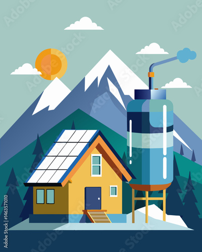 In a chilly mountain town a small bed and breakfast uses a solar water heater to provide a warm and inviting atmosphere for their guests all while being environmentally. Vector illustration