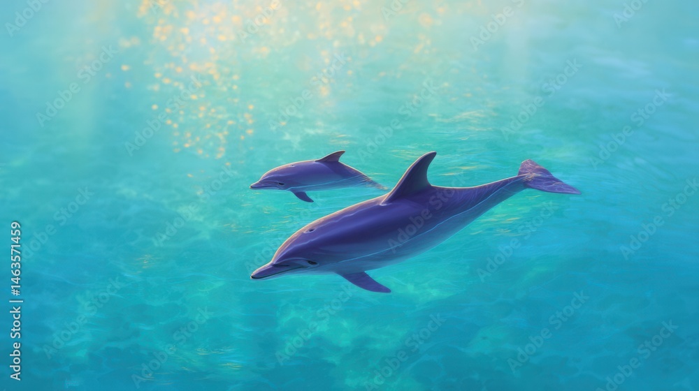 Naklejka premium Two Dolphins Swimming Gracefully in Turquoise Ocean Water Under Sunlight