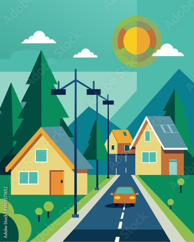 On a quiet suburban street the solarpowered traffic signals hum softly a subtle reminder of the benefits of green energy.. Vector illustration