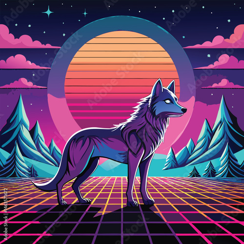 Cyberpunk Wolf Art – Neon Retro Futuristic Animal Design in Synthwave Style
