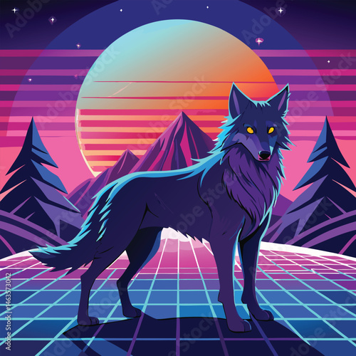 Cyberpunk Wolf Art – Neon Retro Futuristic Animal Design in Synthwave Style
