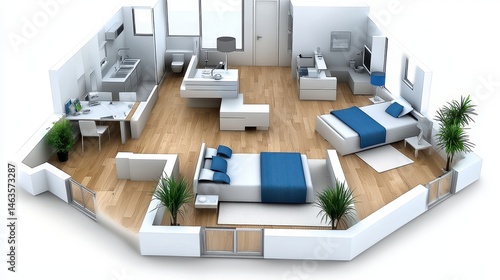 Modern apartment interior design, 3D rendering showing open floor plan with bedroom, kitchen, and living areas. Light wood floors, white walls, and