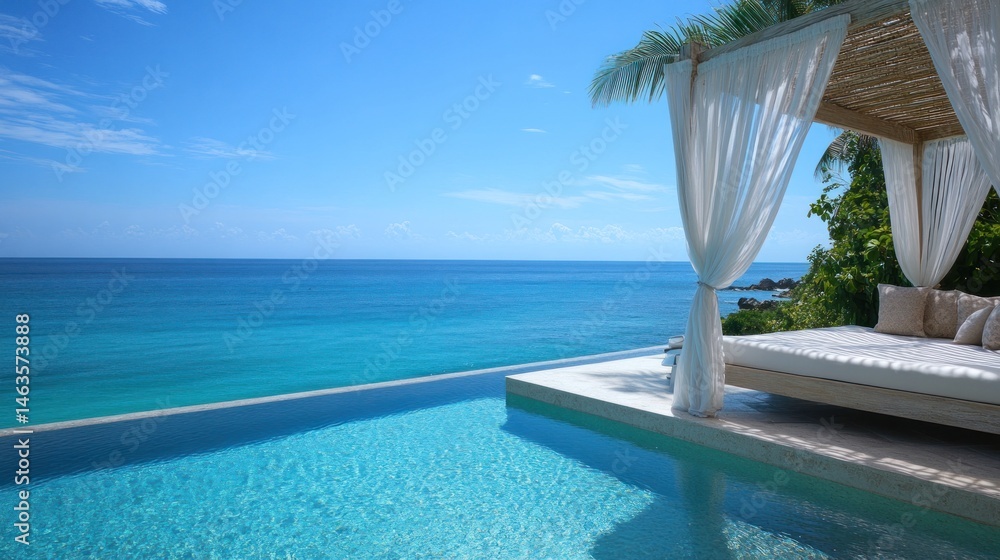 Fototapeta premium Serene beachfront villa with infinity pool and ocean view
