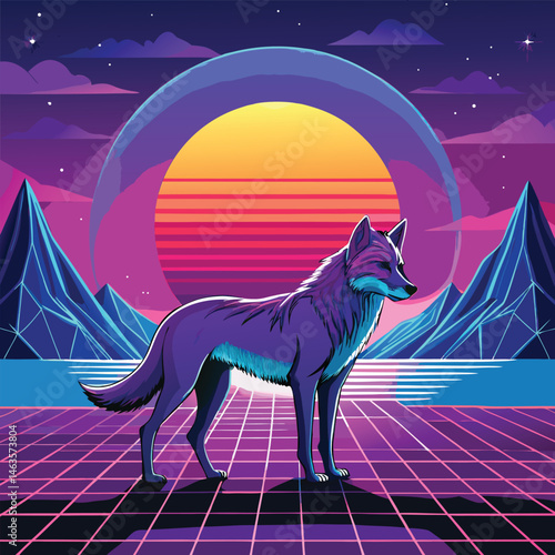 Cyberpunk Wolf Art – Neon Retro Futuristic Animal Design in Synthwave Style