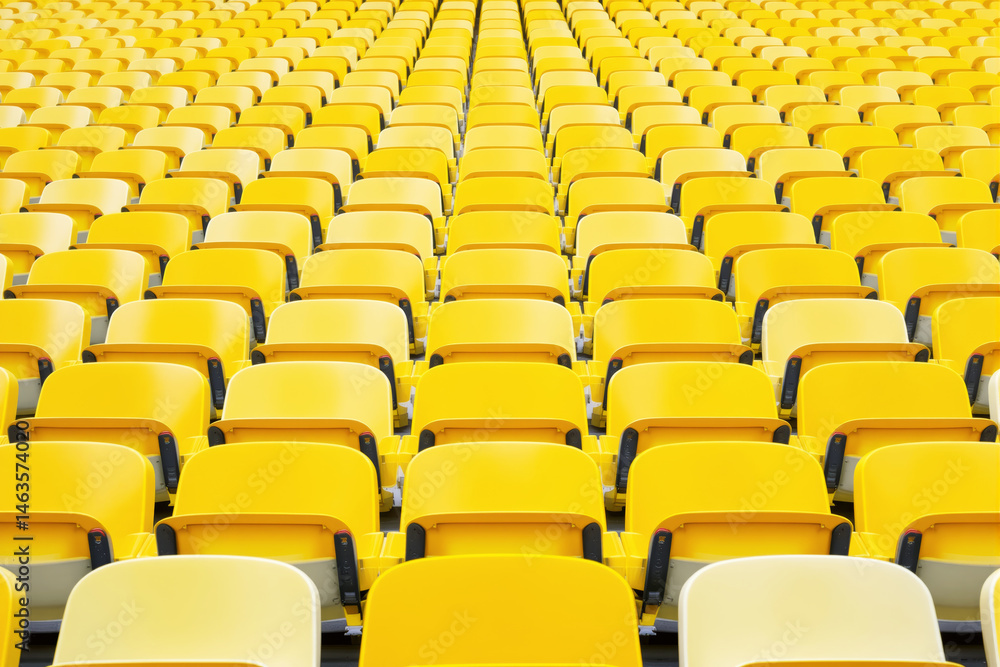 Fototapeta premium Empty yellow plastic seats arranged in neat rows at a stadium, photographic style, with no people, creating a sport concept background. Ai generative