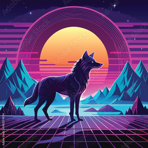 Cyberpunk Wolf Art – Neon Retro Futuristic Animal Design in Synthwave Style
