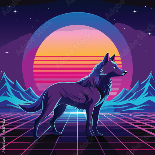 Cyberpunk Wolf Art – Neon Retro Futuristic Animal Design in Synthwave Style