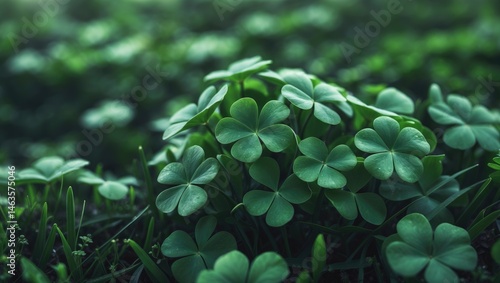 Closeup of fresh green clover leaves and textured grass background during summer