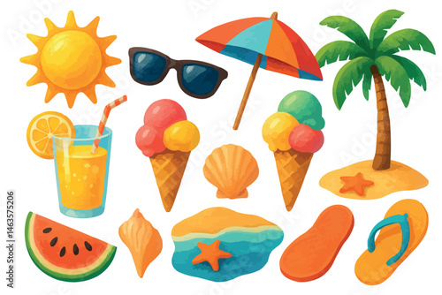 Summer Vacation Beach Travel Icon Set Vector