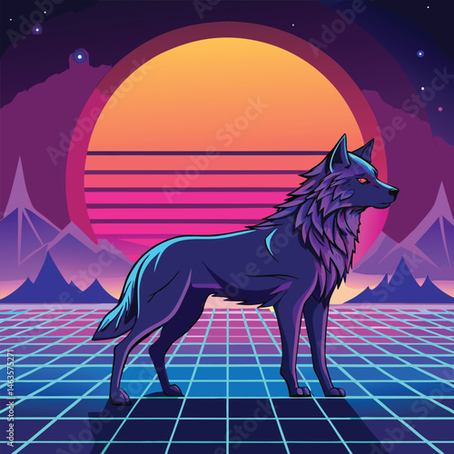 Cyberpunk Wolf Art – Neon Retro Futuristic Animal Design in Synthwave Style