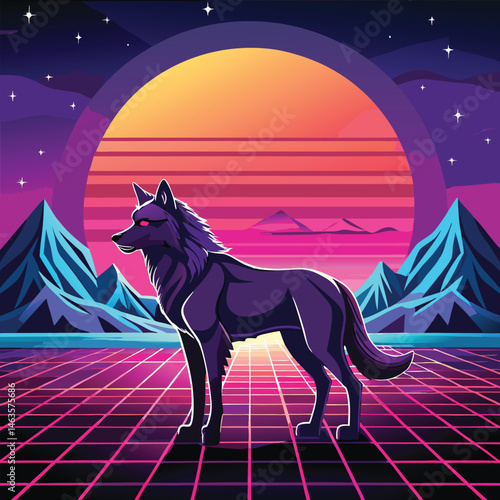 Cyberpunk Wolf Art – Neon Retro Futuristic Animal Design in Synthwave Style