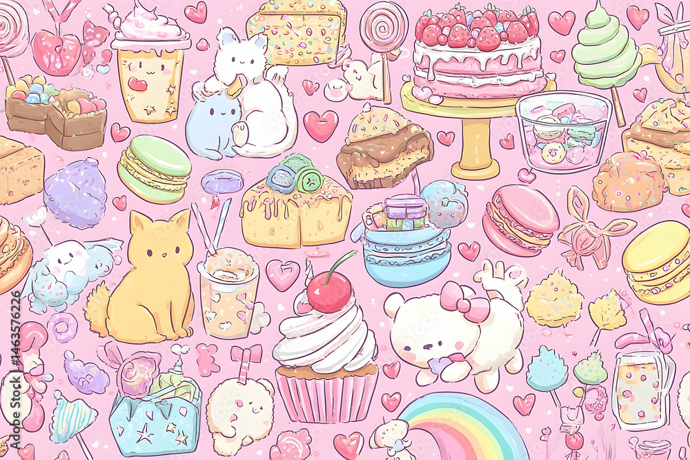 Sweet treats and whimsical creatures in a pastel pattern. Sweet treats and whimsical creatures in a pastel pattern.