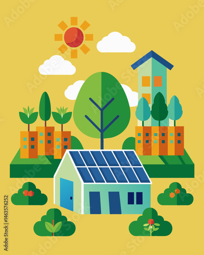 The rooftop farms solar panels provide clean renewable energy reducing the farms carbon footprint while cultivating delicious produce.. Vector illustration
