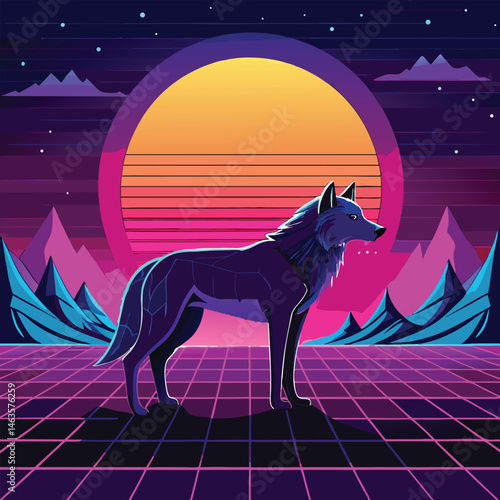 Cyberpunk Wolf Art – Neon Retro Futuristic Animal Design in Synthwave Style