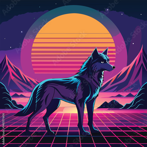Cyberpunk Wolf Art – Neon Retro Futuristic Animal Design in Synthwave Style