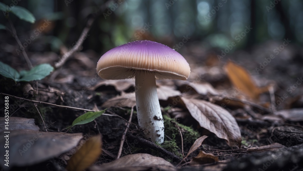 Fototapeta premium Closeup of a lone purple boletus mushroom amidst forest foliage