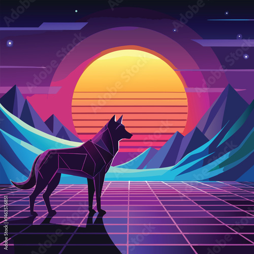 Cyberpunk Wolf Art – Neon Retro Futuristic Animal Design in Synthwave Style
