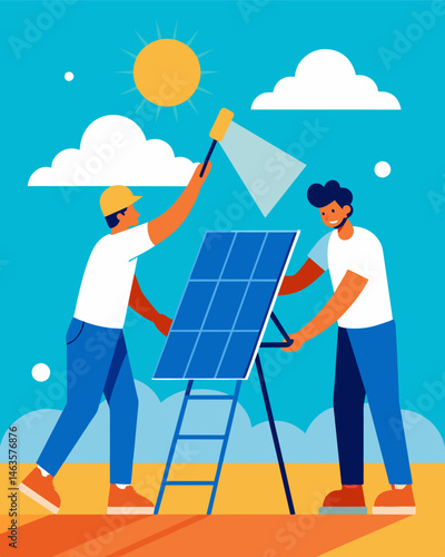 Two men delicately wiping down solar panels with soft cloths as the sun beats down on them.. Vector illustration