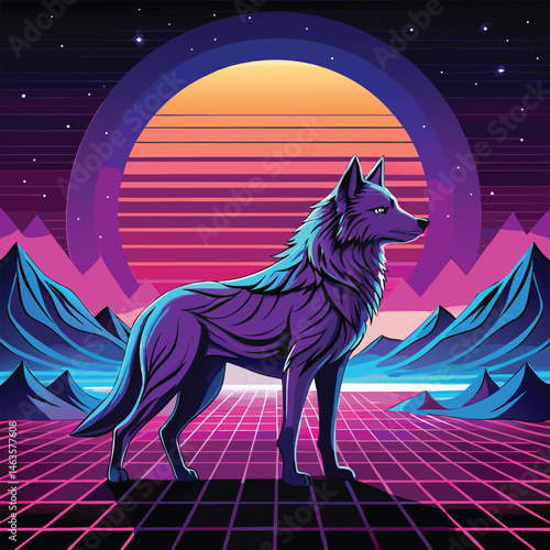 Cyberpunk Wolf Art – Neon Retro Futuristic Animal Design in Synthwave Style