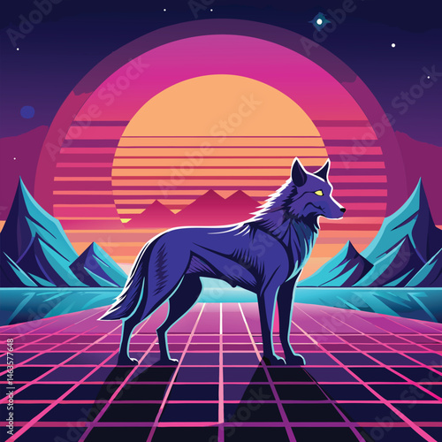 Cyberpunk Wolf Art – Neon Retro Futuristic Animal Design in Synthwave Style