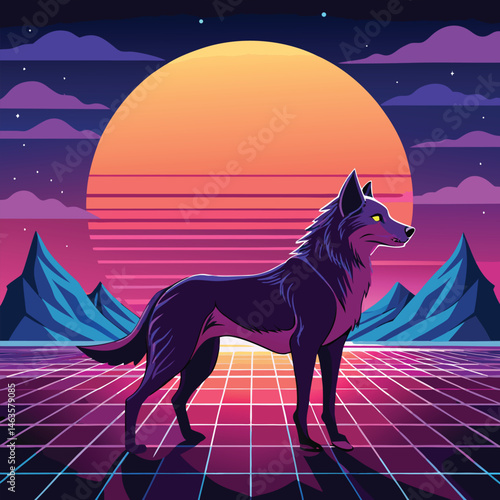 Cyberpunk Wolf Art – Neon Retro Futuristic Animal Design in Synthwave Style