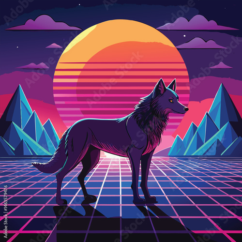 Cyberpunk Wolf Art – Neon Retro Futuristic Animal Design in Synthwave Style