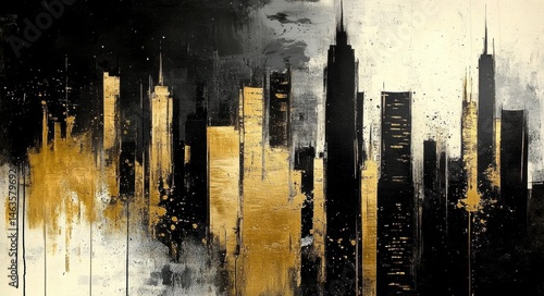 Panel kuchenny z motywem City Skyline Abstract Painting: Dark and Moody Urban Landscape with Gold and Black Buildings on Grungy Texture