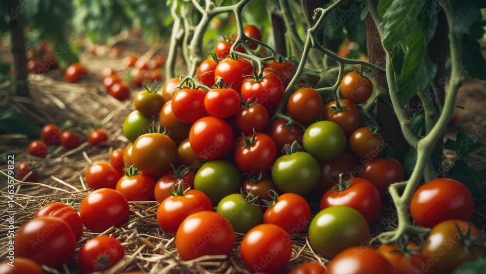 Fototapeta premium Fresh organic tomatoes, a bunch of shiny red cherry tomatoes growing on the bush