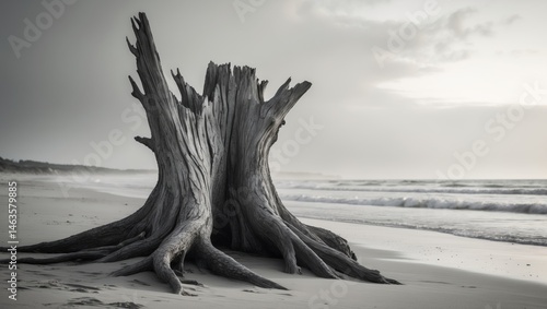 Fototapeta Naklejka Na Ścianę i Meble -  Old wood on the sandy shoreline of the Baltic Sea, featuring wild dunes and a natural landscape in black and white
