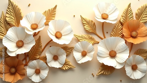 Beautiful floral background wallpaper with white and gold flowers for home decor and wall art design