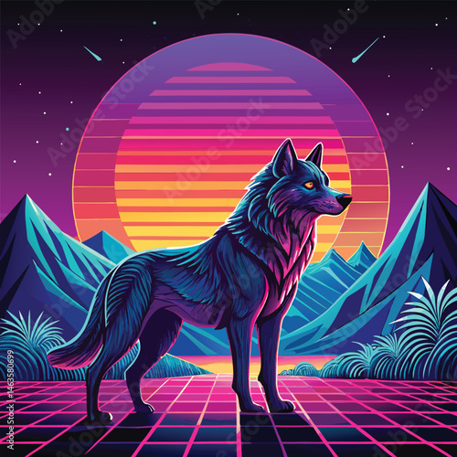 Cyberpunk Wolf Art – Neon Retro Futuristic Animal Design in Synthwave Style