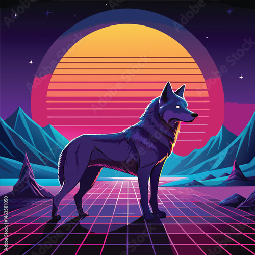 Cyberpunk Wolf Art – Neon Retro Futuristic Animal Design in Synthwave Style