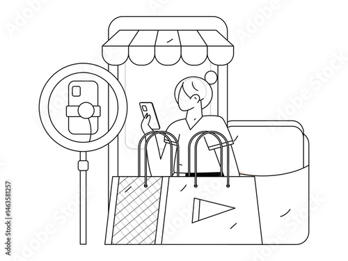 Internet celebrity live broadcast with goods vector internet hand drawn illustration
