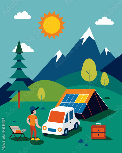 The modern camper set up their campsite with ease setting up their solarpowered battery pack in the perfect spot to absorb the most sunlight for charging.. Vector illustration
