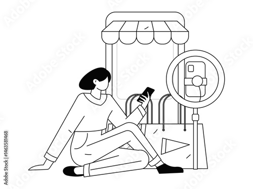 Internet celebrity live broadcast with goods vector internet hand drawn illustration

