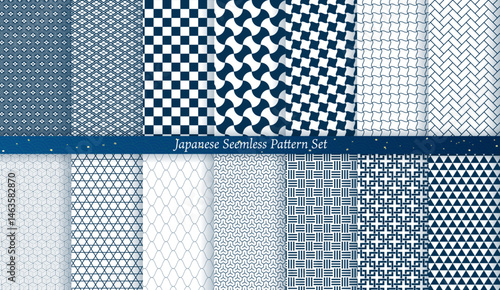 Japanese Seamless Pattern Set of 14 Designs Including Hanabishi Kikkou, Ichimatsu, Kagome, Sankuzushi, and More, textile, background, kimono, and decoration design