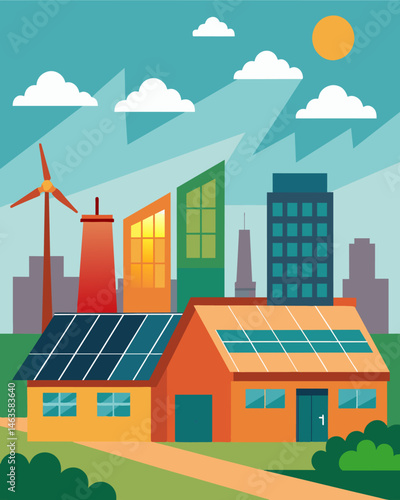 The solarpowered warehouse stood out a the other industrial buildings in the area its commitment to renewable energy visibly apparent to all who passed by.. Vector illustration