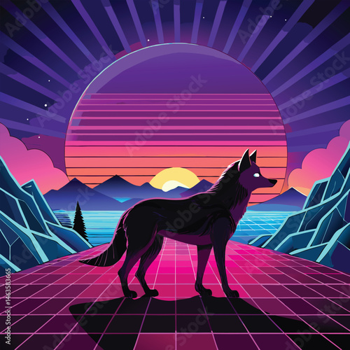 Cyberpunk Wolf Art – Neon Retro Futuristic Animal Design in Synthwave Style
