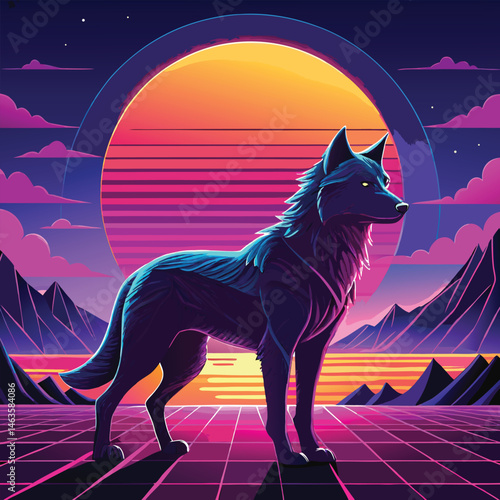 Cyberpunk Wolf Art – Neon Retro Futuristic Animal Design in Synthwave Style