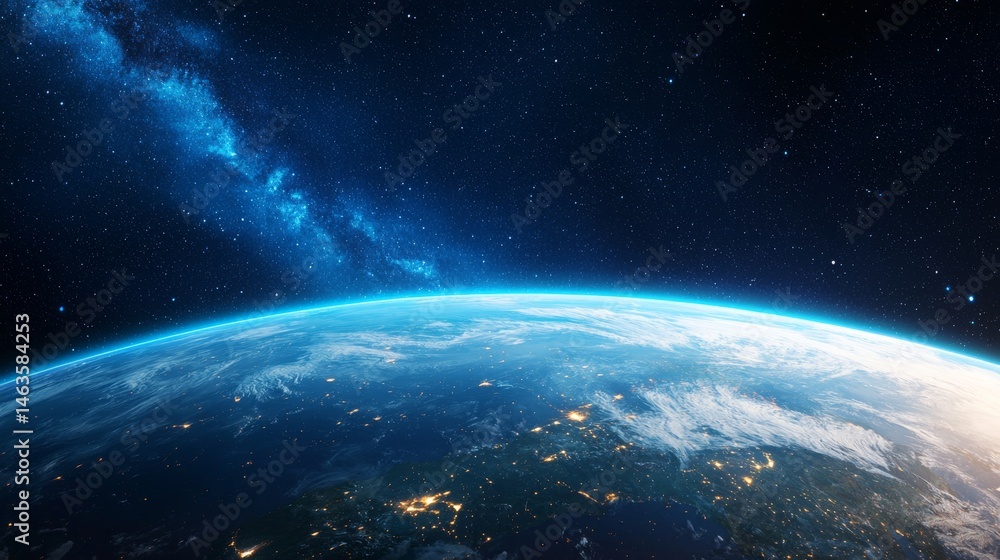 Fototapeta premium Artistic Representation of Earth from Space with Glowing Atmosphere and Starry Background