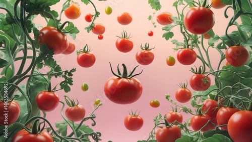 Vibrant Food Design Featuring Flying Fresh Tomatoes and Green Foliage on Patterned Background