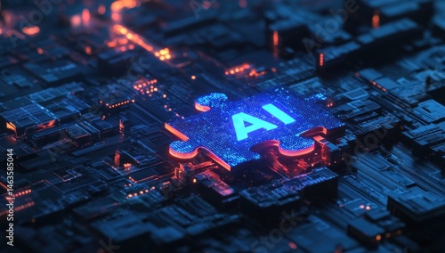integrated ai puzzle piece glowing amidst intricate circuit board connectivity landscape future tech innovation