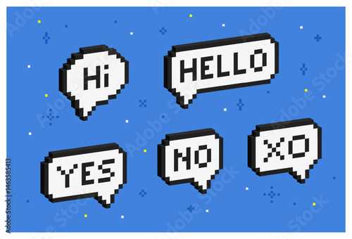Set of 3d pixel speech bubbles. Isometric 8 bit message boxes. Volumetric mosaic chat messages. Cyber 3d chat box signs