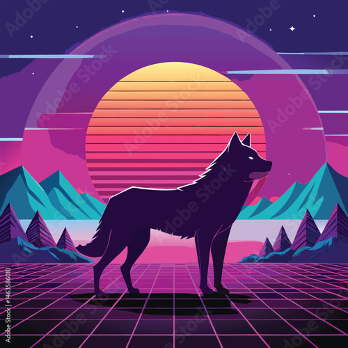 Cyberpunk Wolf Art – Neon Retro Futuristic Animal Design in Synthwave Style